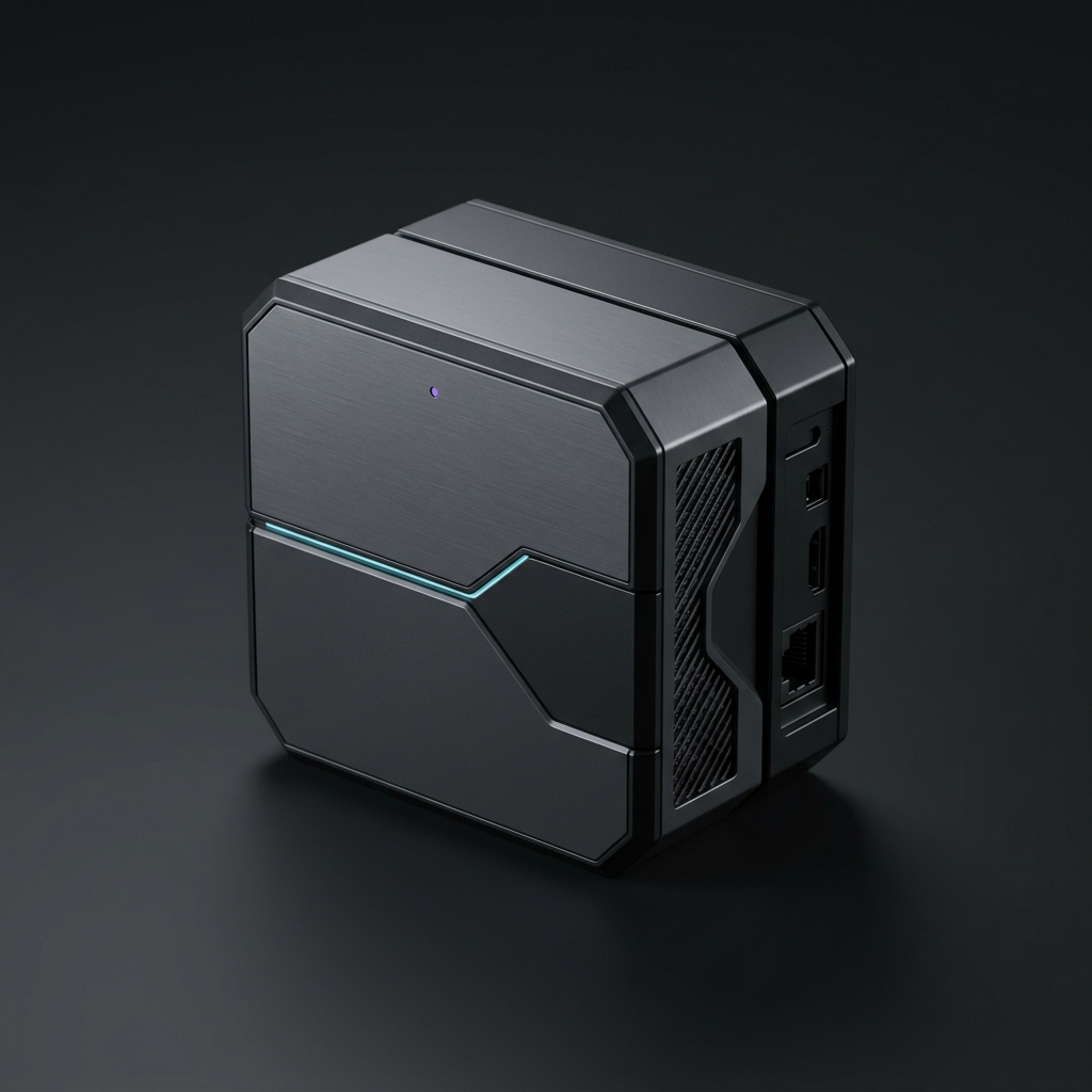 Dark graphite compute module with a cyan status seam